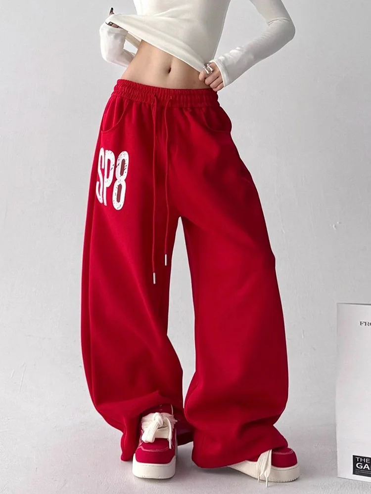 

Рождественские красные брюки в стиле хип-хоп с буквенным принтом, женские уличные брюки с высокой талией, свободные широкие брюки, винтажные брюки с карманами в стиле Харадзюку Bf