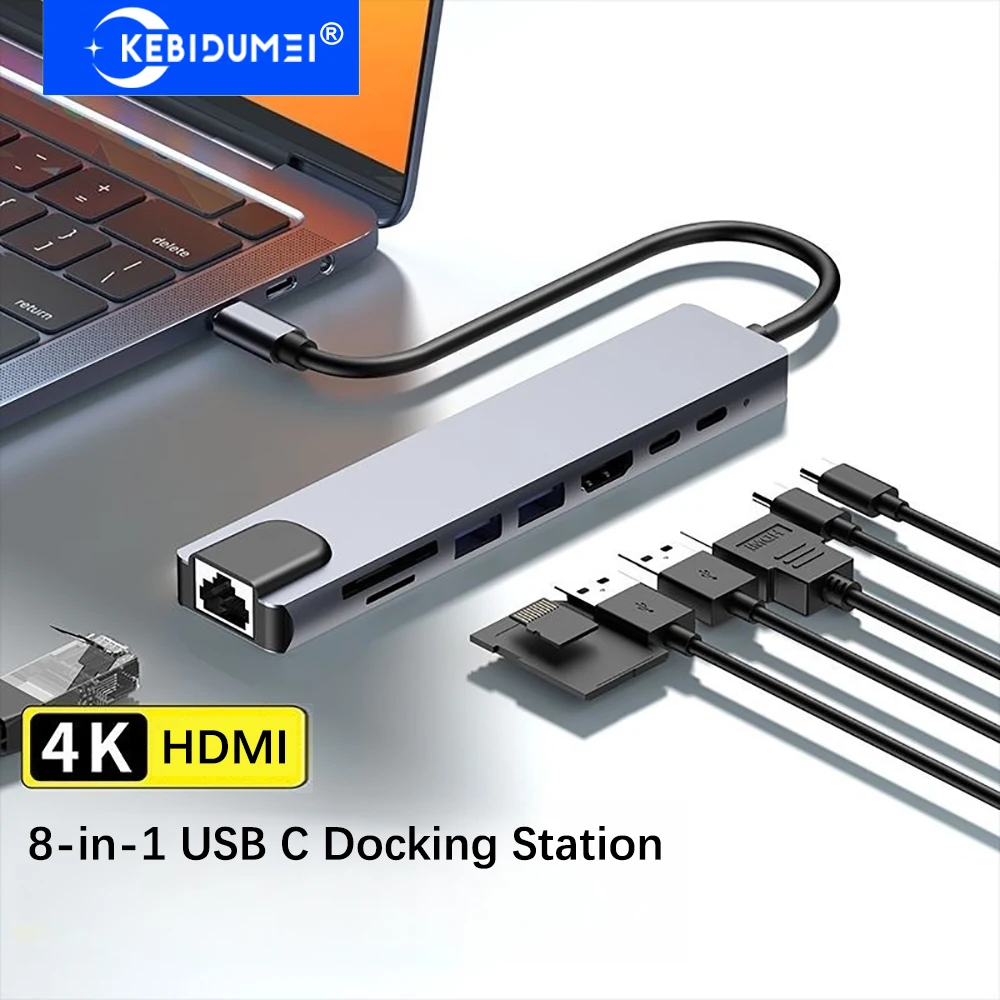 KEBIDUMEI 8-in-1 USB 3.0 Hubs USB C Docking Station 5Gbps Transmission USB C HUB TYPE-C to HDMI/RJ45/PD/USB HUB USB Splitter