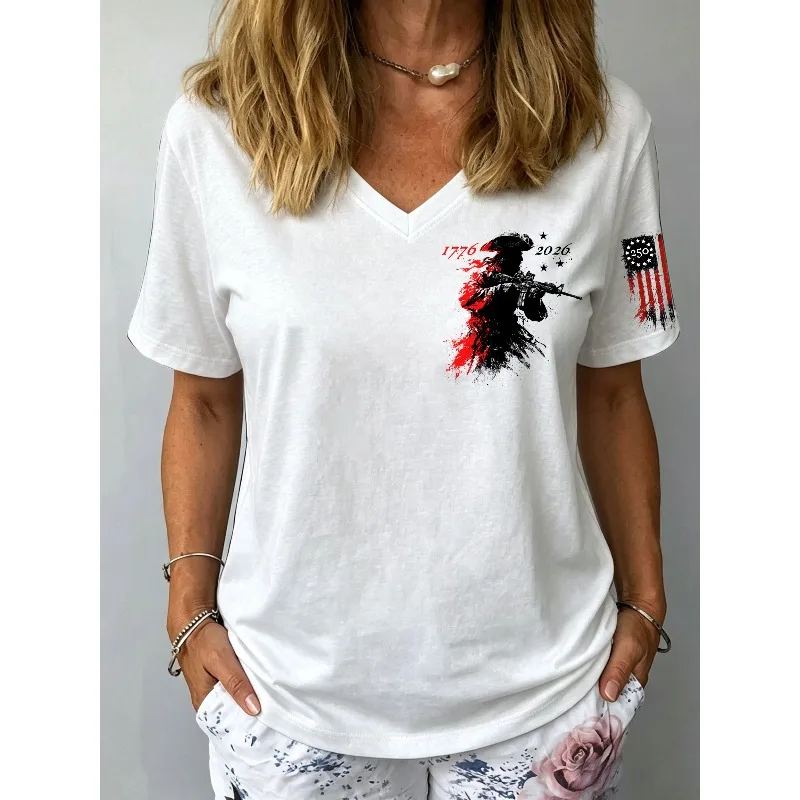 ilstile Women's America 250 Years Print T-Shirts Short Sleeve Casual Loose V Neck Tops Summer Black White Tees Hot Sale