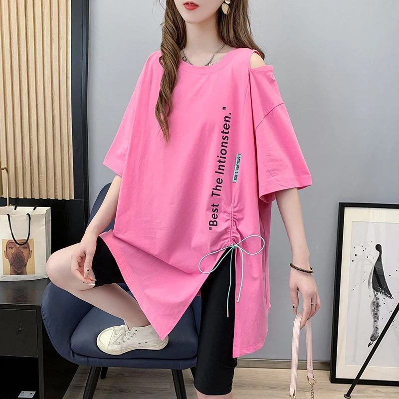 

DAYIFUN-O Neck Off Shoulder,Short Sleeve Tshirts,Women,Summer Letter Print,Irregular Slit Design Tees,2024 Loose,Oversized Tops