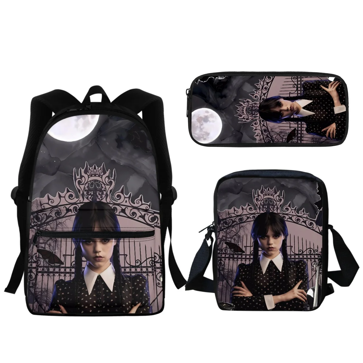 3Pc/Set Gothic Wednesday Anime School Bag 3PC Large Capacity Zipper Teen Students Casual Bookbag Crossbody Bags Pencil Case New