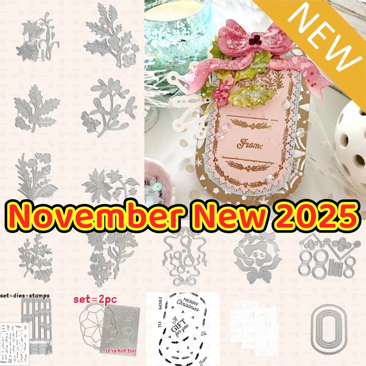 

Новинка 2025, восковой цветок, снежинка, зимний бант, металлические трафареты, прозрачные штампы, трафарет, горячая фольга для DIY, скрапбукинга, Рождества