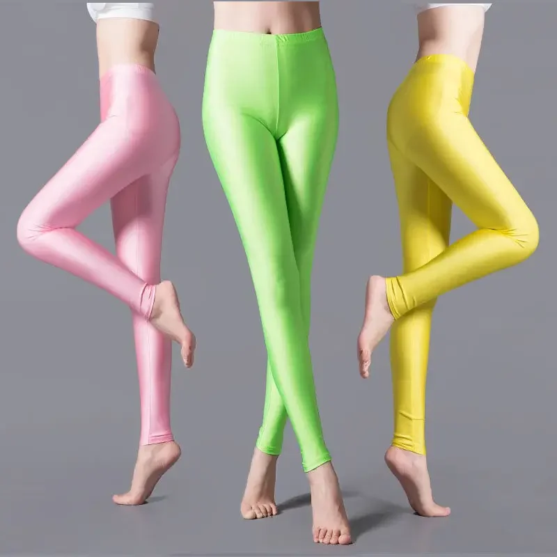 ผู้หญิงสีทึบกางเกงขายาวสบายๆ Shinny ความยืดหยุ่นผ้าไหมดินสอกางเกงเรืองแสง Candy ข้อเท้าความยาวกางเกงกางเกง