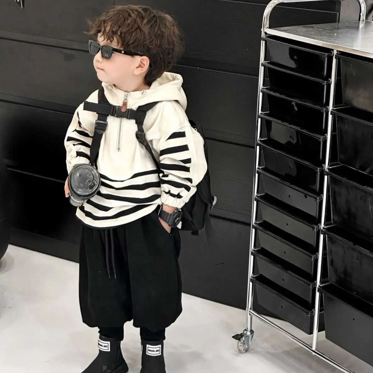 

Boys' Sets Hoodies Pants Two-piece Spring Autumn Suits Korea Fashion Stripe Zipper Hooded Loose Coat Cargo Pants Children's Set