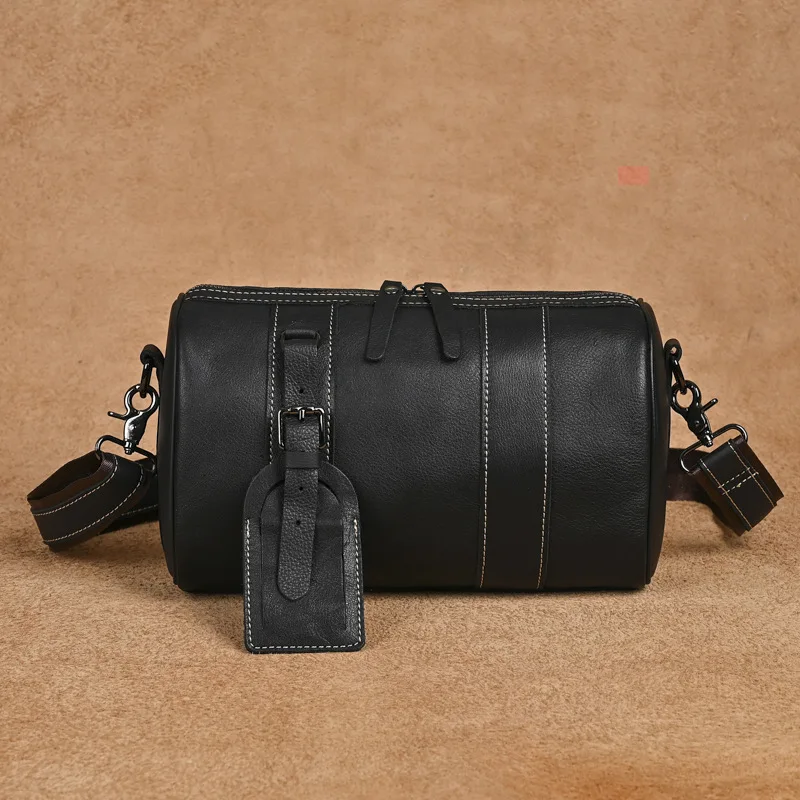 Men's Genuine Leather Crossbody Bag - Handmade First Layer Cowhide Pillow Sling Bag, Minimalist Cylinder Shoulder Purse