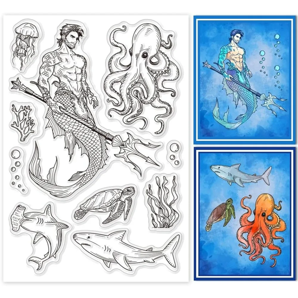 1PC Mermaid and Shark Clear Stamps for Cards Making Seaworld Turtle Octopus Clear Stamp Seals Transparent Stamps