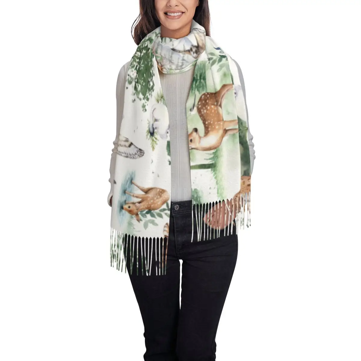 Cute Forest Deer Owl Hedgehog Nursery Design Women's Scarf Pashmina Shawls and Wraps Watercolor Woodland Animals  Large Scarves