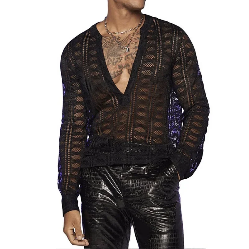 Men's Fishnet Perspective Long Sleeve V-neck Hollowed Out Shirt Men's Bar Dance Black Sexy T-shirt Muscular Slim Sexy Top Gym