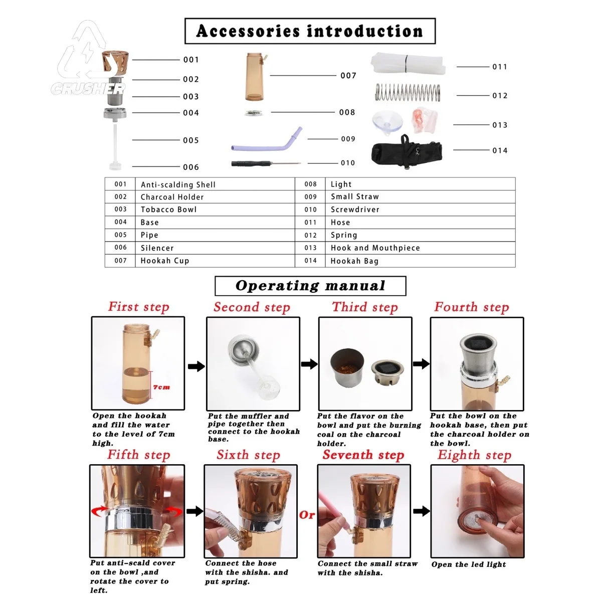 CRUSHER Portable Car LED Hookah Smoking Cup Plastic Shisha Grass Pipes For Party Travel кальян Narguile complete Cachimbas Kit