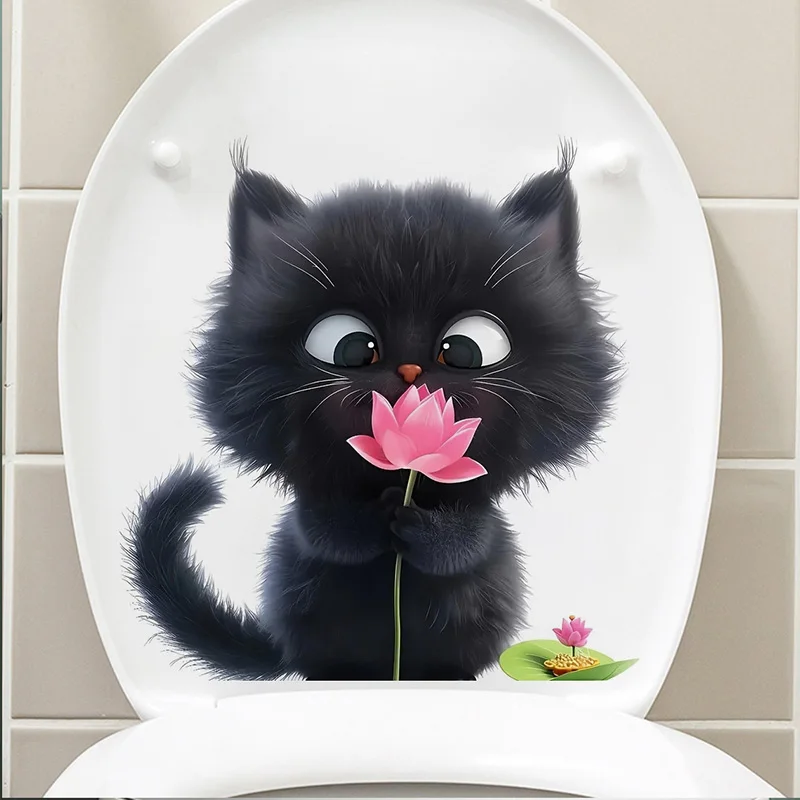 MT1075 #   Niedliche schwarze Katze mit rosa Blume, Vinyl-Aufkleber, selbstklebend, geeignet für Toiletten, Autos, Laptops, Wasserflaschen