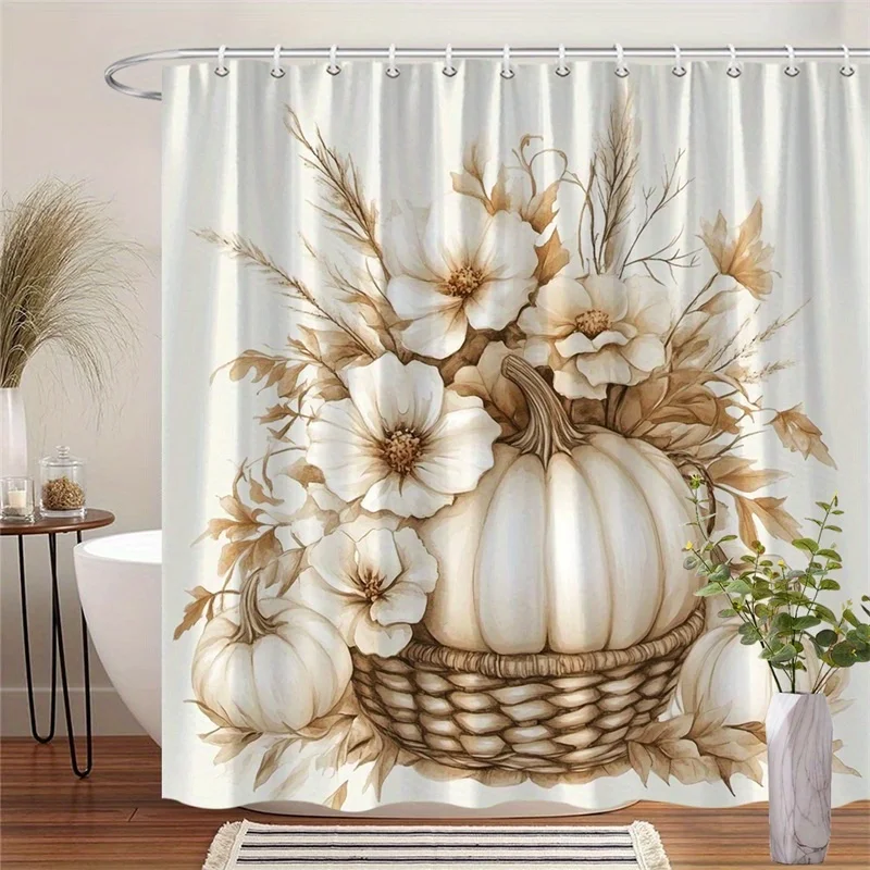 

1 шт., занавеска для душа с узором тыквы и пиона, полиэфирная ткань, можно стирать в машине, подходит для украшения ванной комнаты