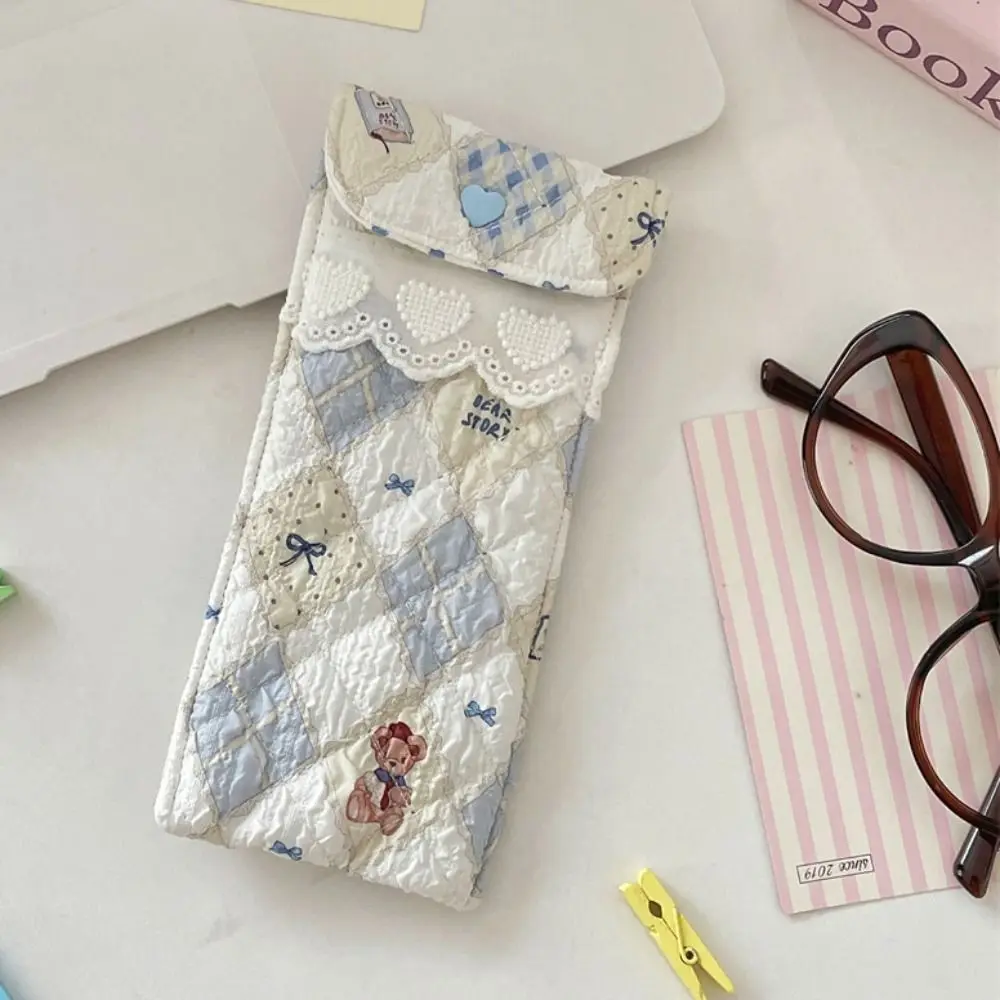 Korean Style Cotton Glasses Storage Bag Lace Heart Multi-Functional Cute Pencil Case Sunglasses Pouch Sweet Lipstick Bag Girls