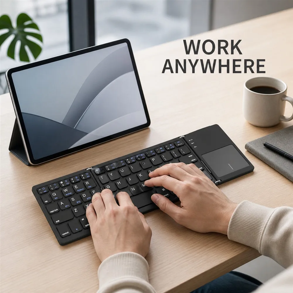Tri-Fold Bluetooth Keyboard with Touchpad Portable 64-Key Wireless Keyboard for iOS Android Windows Tablet Phone PC