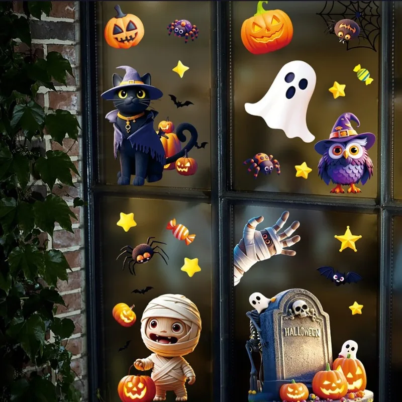 Window Stickers 9pcs/set Halloween Party Castle Bat Spiderweb for Living Room Double-Sided Static Cling Adhesive-Free Removable