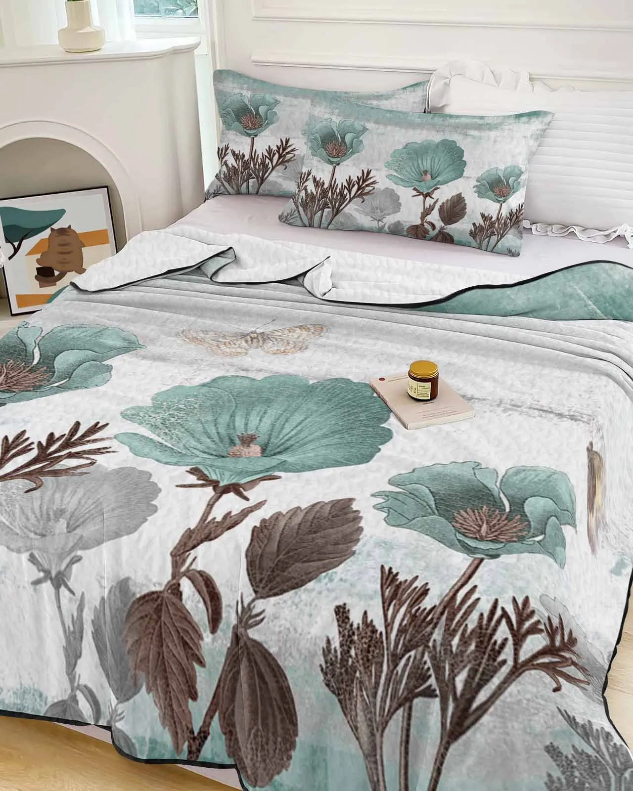 

Flowers Retro Plants White Flowers Cooling Blankets Air Condition Comforter Lightweight Summer Quilt for Bed Soft Thin Quilt