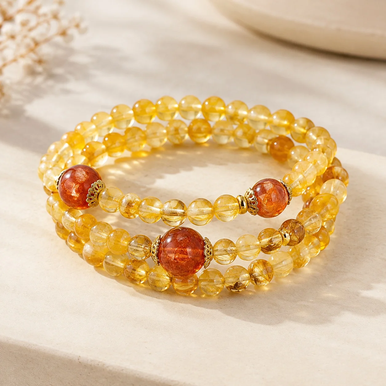 Multi-wrap Bracelet Citrine Quartz Beads Yellow Rutilated Quartz Beads 6mm Bead Diameter Women's Daily Wear