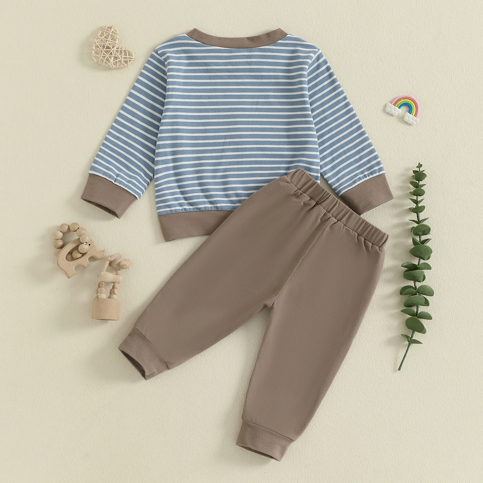 

Toddler Baby Boy 2 Piece Outfits Long Sleeve Crew Neck Animal Embroidery Striped Pullover Tops and Elastic Waist Pants Set