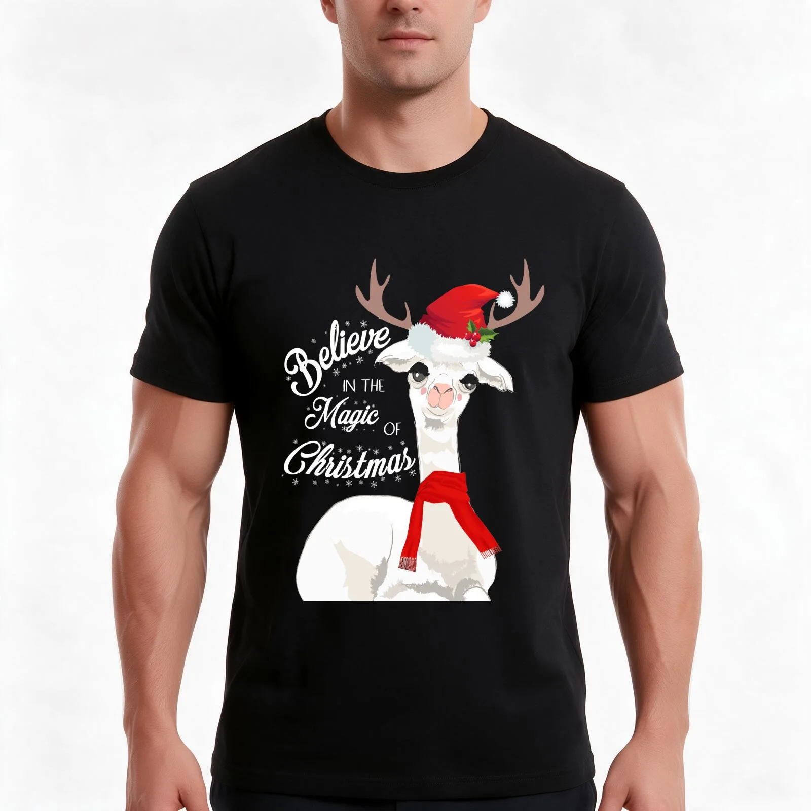 Llama Christmas Magic T-Shirt, Cool Short Sleeve T Shirt, Loose Casual Summer Unisex Top