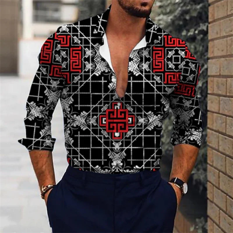 Camisas masculinas impressas em 3D para passeios diários, lapelas elegantes, roupas de manga comprida, designers para lazer