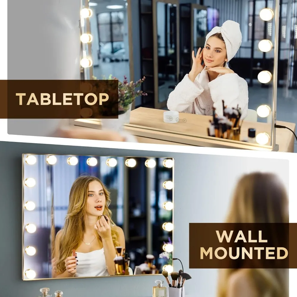 Vanity Mirror with Lights, 28 X 22 Inch Large Makeup Mirror with 18 Dimmable Bulbs, 3 Color Modes and Touch Control