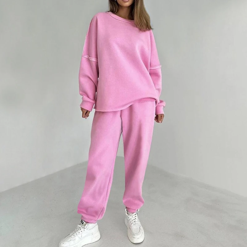 

Женский комплект из двух предметов, кашемировый розовый свободный костюм с длинными рукавами, толстовка, спортивные штаны, спортивный осенне-зимний спортивный костюм