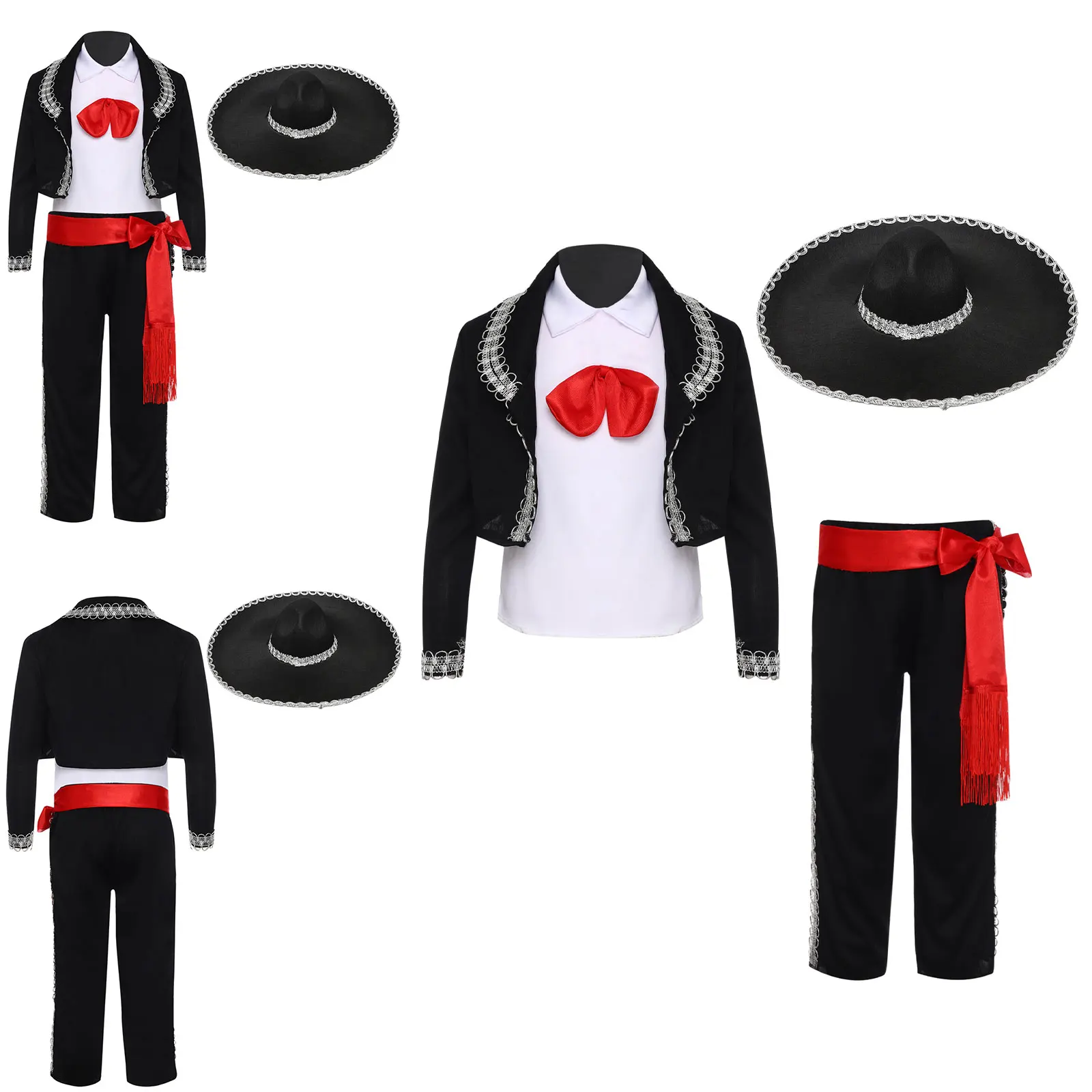 

Kids Mariachi Cosplay Costume 5 Piece Set Traditional Mexican Vest Pants Jacket Hat Waistband for Halloween Performance Cosplay