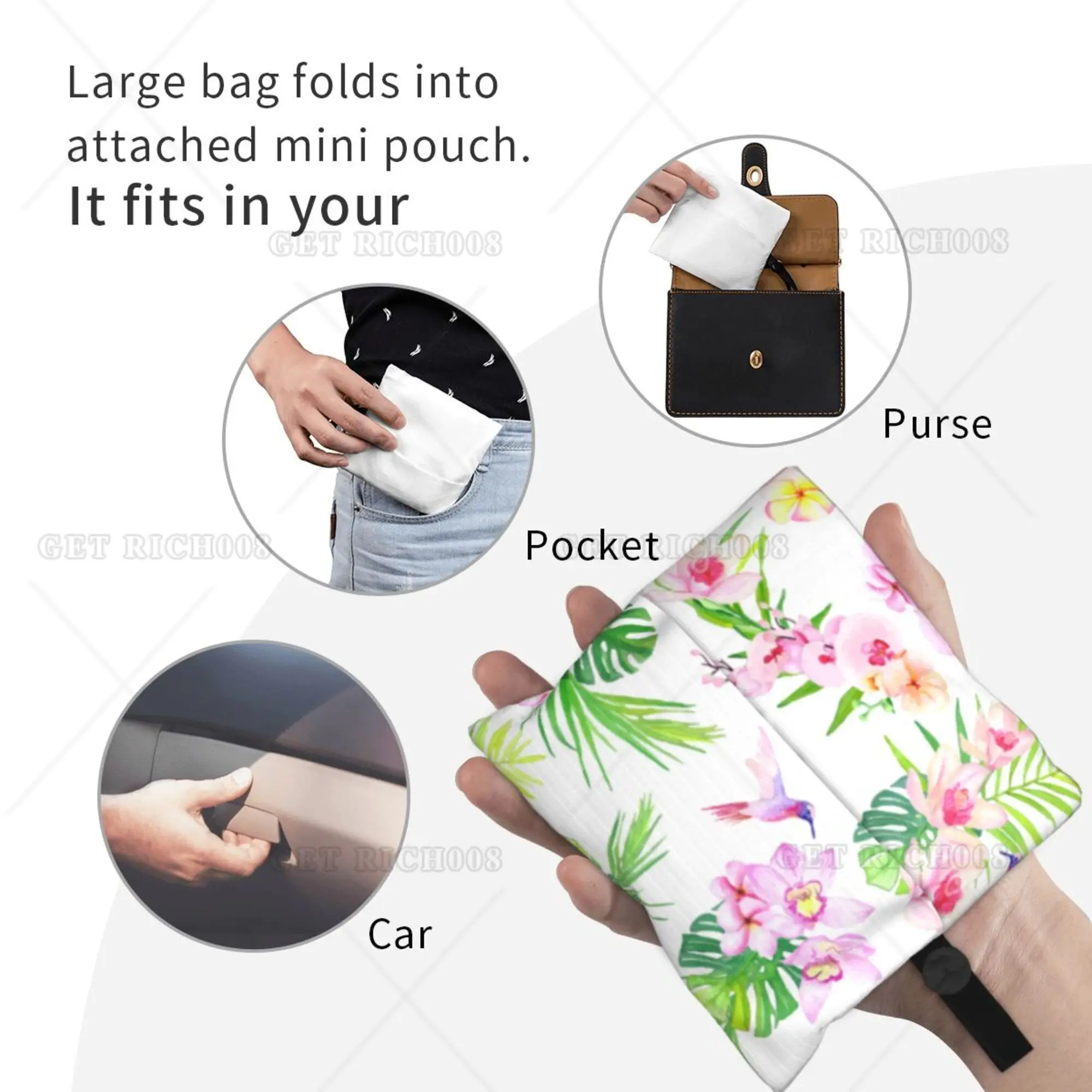 Bird and Flowers Spring Summer Women Girls Tote Bags Folding Eco-friendly for Shopping Outdoor Recyclable Grocery Bags One Size