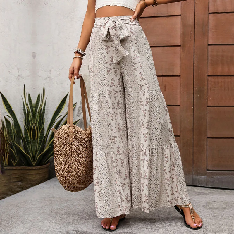 2025, Sommerhose mit hoher Taille, weitem Bein, Spitze, Spleißstil, lässige Hose mit weitem Bein