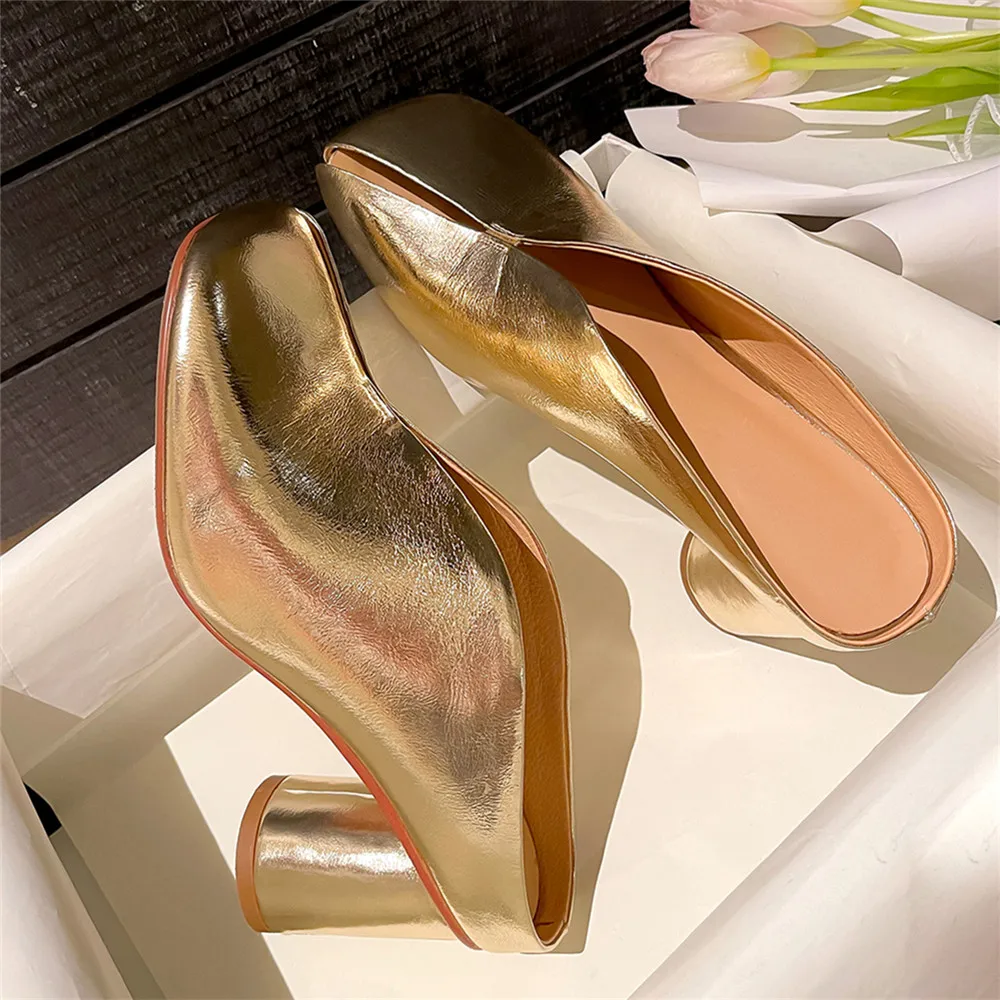 MILI-MIYA Fashion Splicing Women Cow Leather Pumps Skeleton Toe Round Thick Heels Metallic Colours Slip On Size 34-40 Handmade