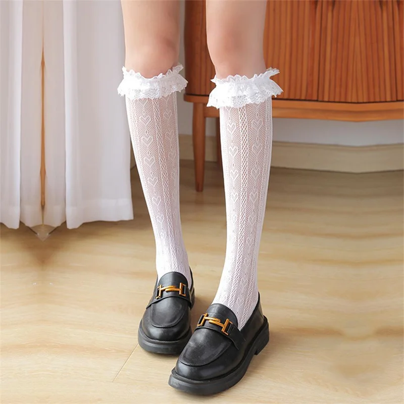 Sexy Women Stocking Lolita Uniform Thin Long Socks  Lace Mesh Fishnet Silk Stockings Love heart black Knee Sock Summer Underwear