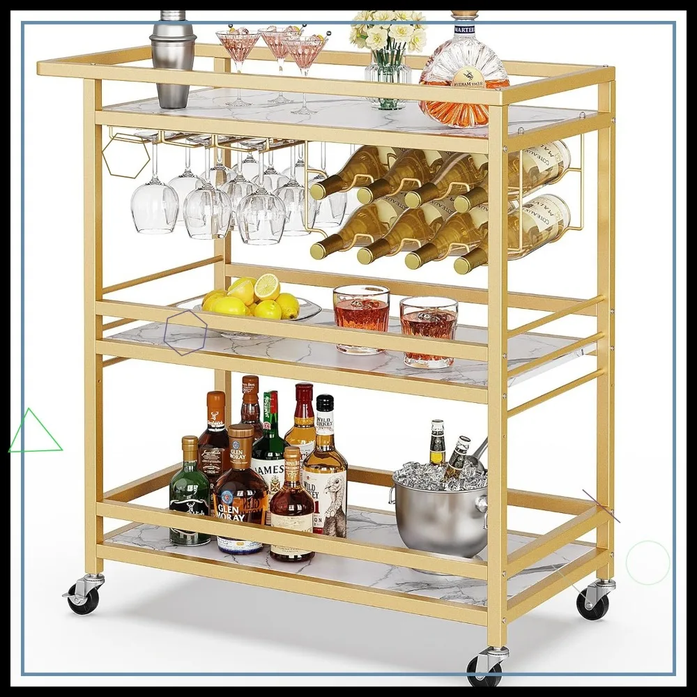 

3-Tier Gold Rolling Bar Cart with Marbled Wooden Shelves, Wheels for Kitchen and Dining Room