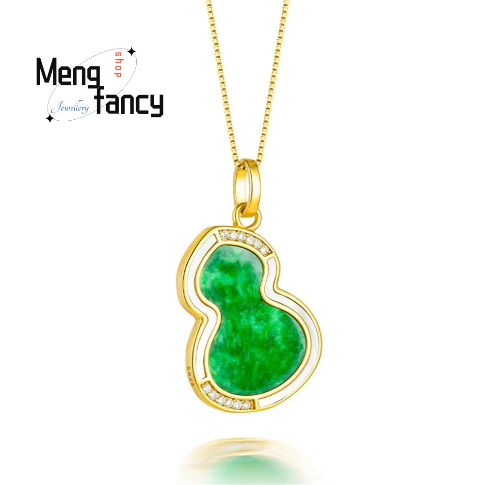 Natural A-goods Jadeite Yang Green Flower Green Gourd S925 Silver Inlaid Ice Jade Pendant High-grade Luxury Quality Fine Jewelry