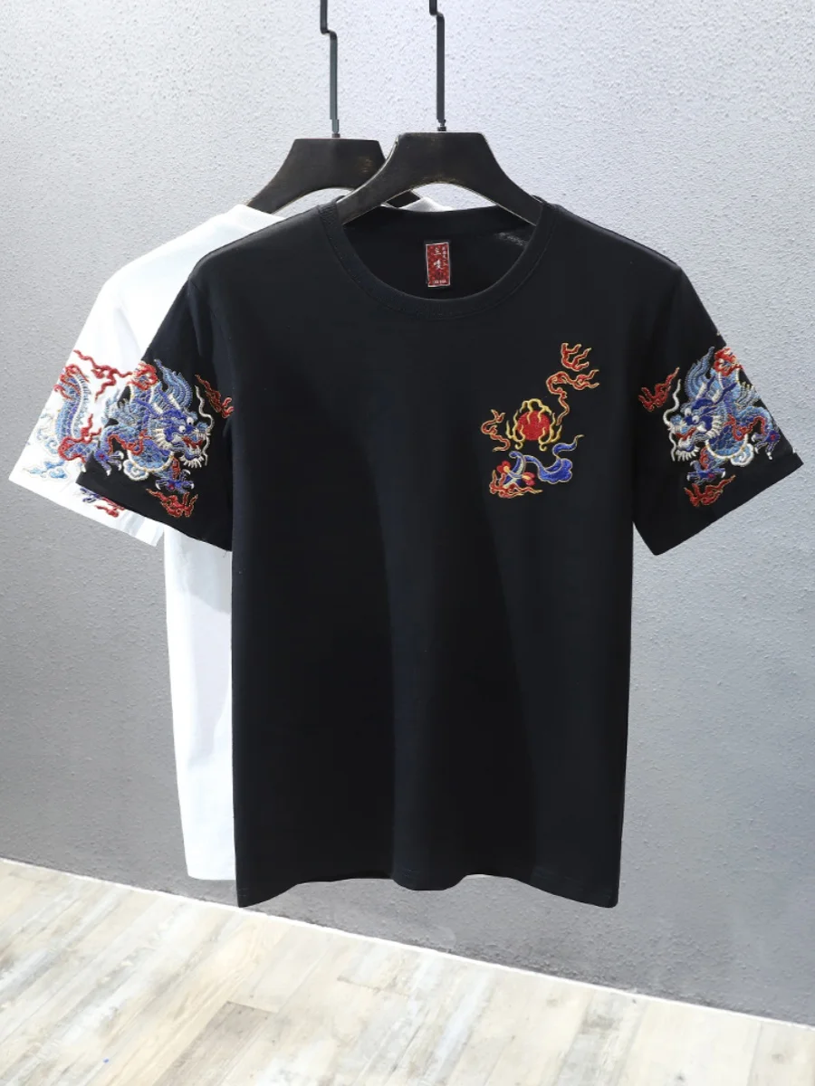 

Мужская летняя футболка свободного кроя с коротким рукавом, круглым вырезом, вышивкой дракона и жемчуга, модная, с защитой от солнца