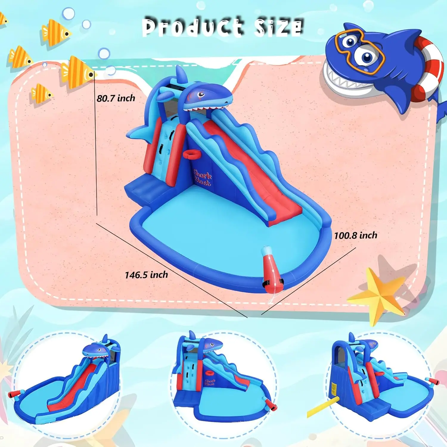 Shark-Themed Inflatable Water Park for Kids: Outdoor Blow Up Water Slides with Climbing Wall, Basketball Rim, Splash Pool & Water Cannon for Backyard Fun view 5