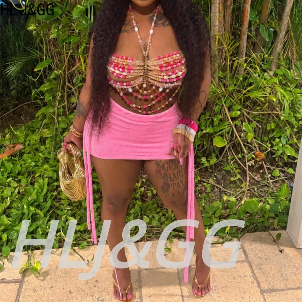 HLJ&GG Women Luxury Beaded Chain Top Mini Skirt Set Sexy Crystal Tassel Two Piece Outfit Summer Beach Party Festival Clubwear