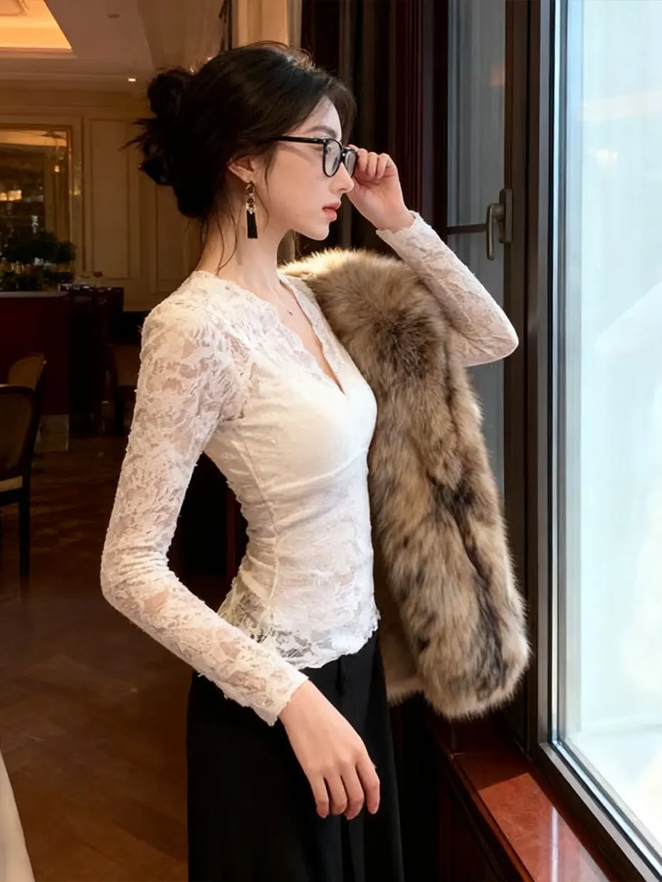 

Pure Desire Sexy Lace Base Shirt Women's Autumn Winter Fur Overlap Inner Light Luxury Unique Hollow out Top V-neck Long Sleeve