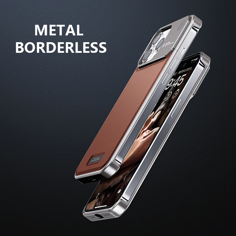 Luxury Leather Metal Phone Case for iPhone, Magsafe Wireless Charge, Aluminum Alloy, Cover for iPhone 14, 13, 15 Pro Max
