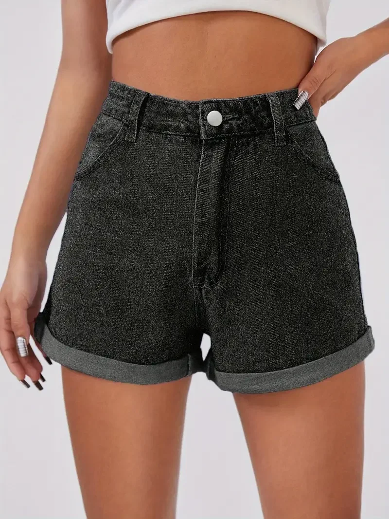 Women's Stylish High-waisted Denim Shorts, Casual Style, Floral Print, Rolled Legs, Summer Jeans