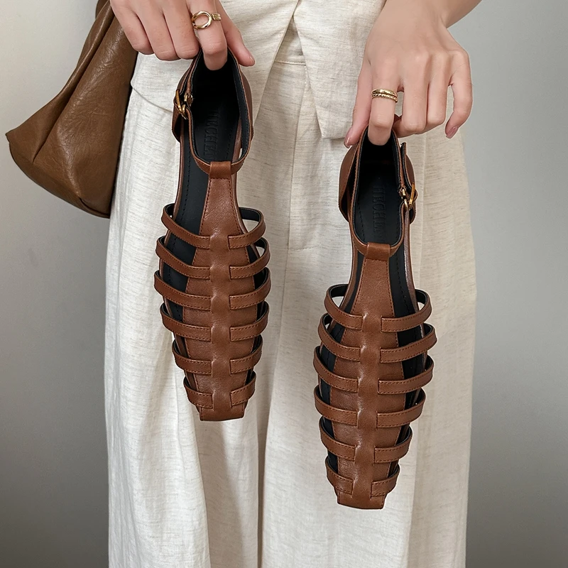 

Women's new summer genuine leather sheepskin square head belt buckle hollow retro low heel toe Roman sandals fashion shoes
