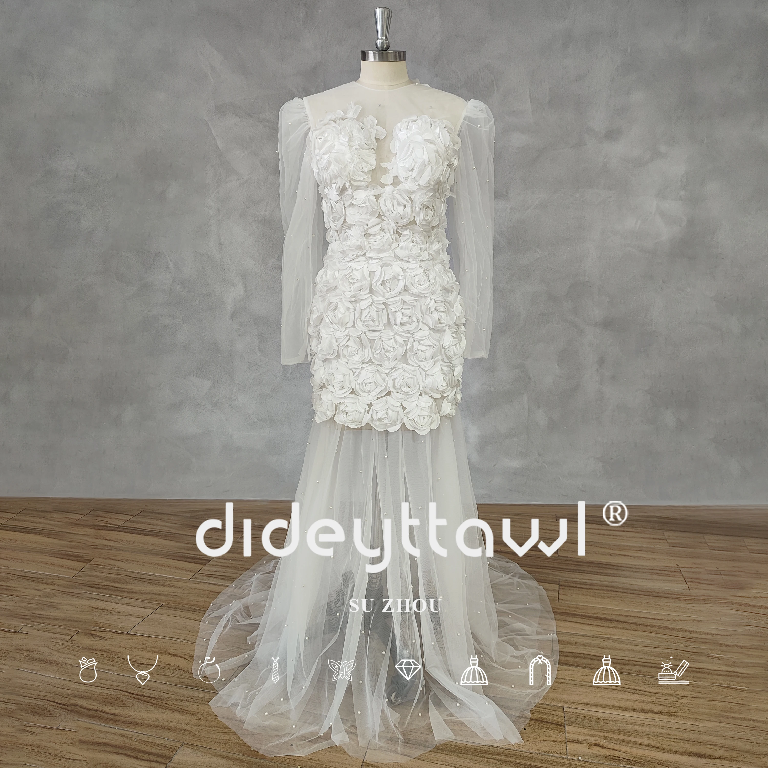 DIDEYTTAWL Real Picture Long Sleeves 3D Appliques Beaded Tulle Mermaid Wedding Dress Open Back Court Train Bridal Gown