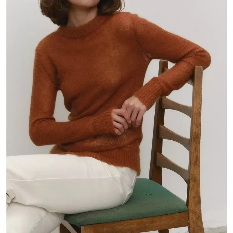 2026 Summer and Autumn New Thin Sweater Blouse Perspective Basic Knitted Sweater Candy Color 4