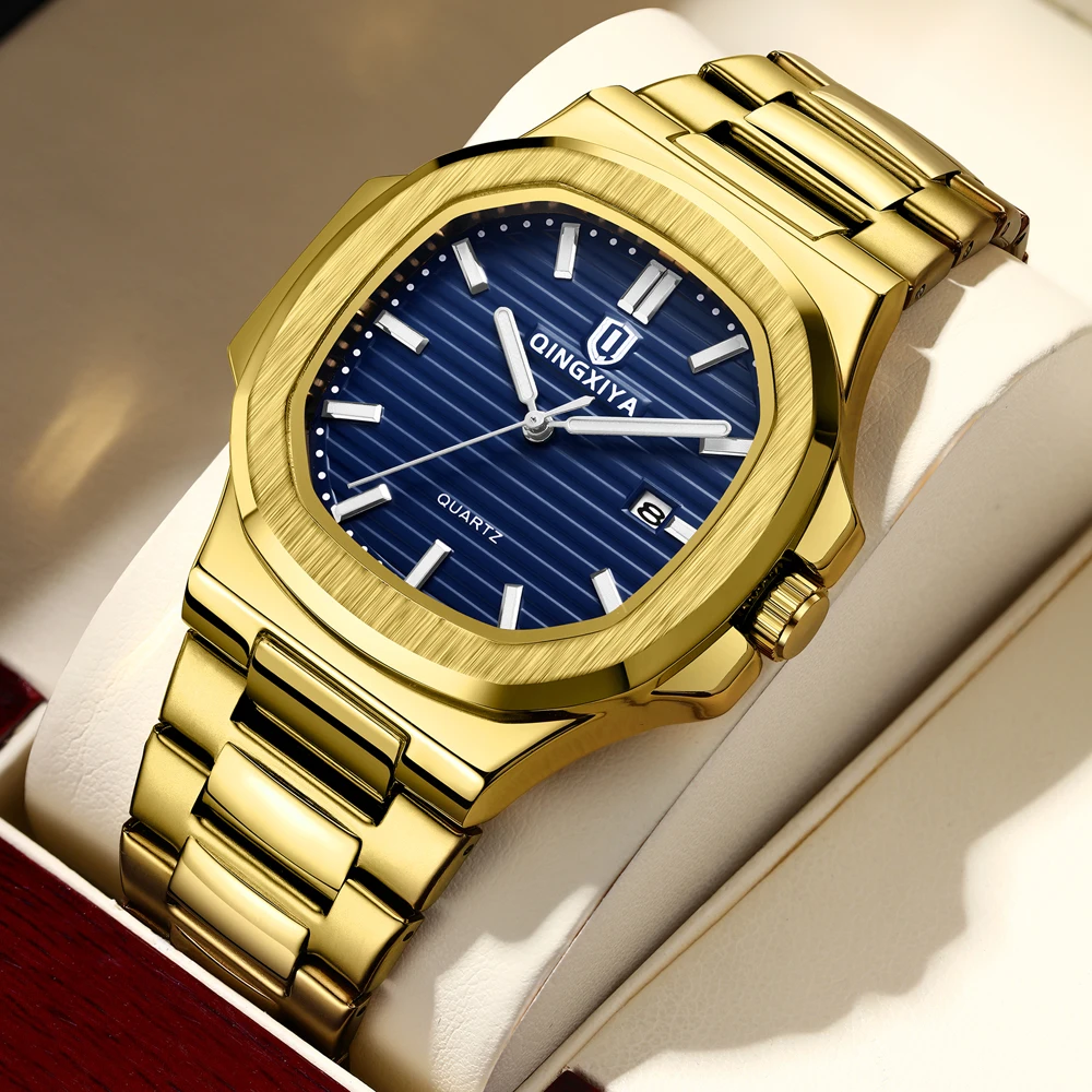 

QINGXIYA мужские роскошные золотые, синие квадратные кварцевые часы из нержавеющей стали, водонепроницаемые светящиеся часы Calenda, мужские деловые часы reloj