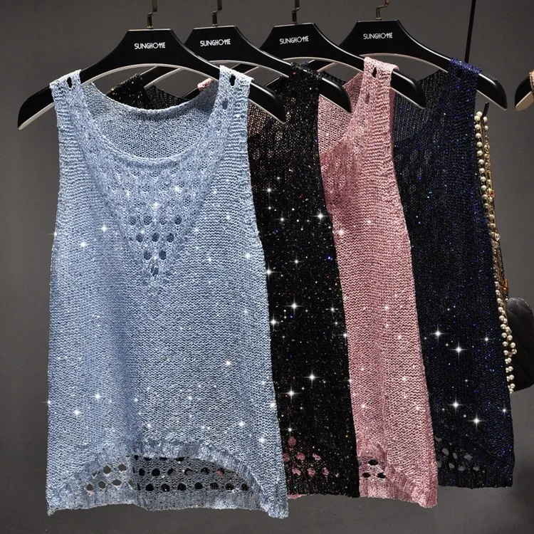Women Tank Top Summer Mesh Hollow Out Vest Spaghetti Strap Sequined Sleeveless Top Crochet Detail Front Short Back Long Crop