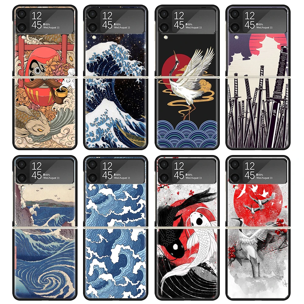 Japanese Pub Wave Anime Arrived Case For Samsung Galaxy Z Flip 4 5 3 z Flip5 Flip4 5G Hard Phone Cover Flip3 Split Folding Black