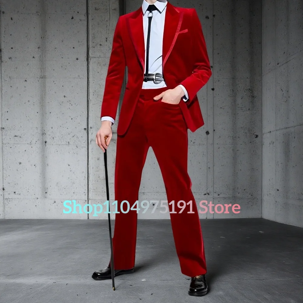 Conjunto de traje ajustado de terciopelo rojo para hombre con temperamento, traje clásico de 2 piezas para hombre (chaqueta + pantalones), traje de escenario para hombre, vestidos de fiesta