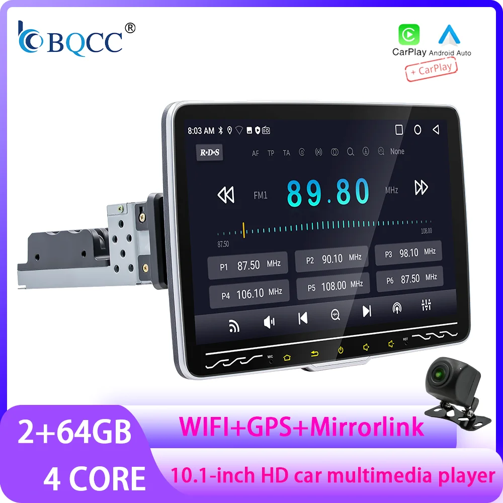 Bqcc 10.1 Polegada 2 + 64g 1din android13 rádio do carro tela de toque rotativa para universal carplay navegação gps bt wifi rádio do carro