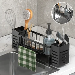 Auto-drenante Sink Drain Rack para Cozinha, Multi-Funcional, Sabão, Porta-esponja, Toalheiros, Pauzinhos, Faca, Garfo Organizador