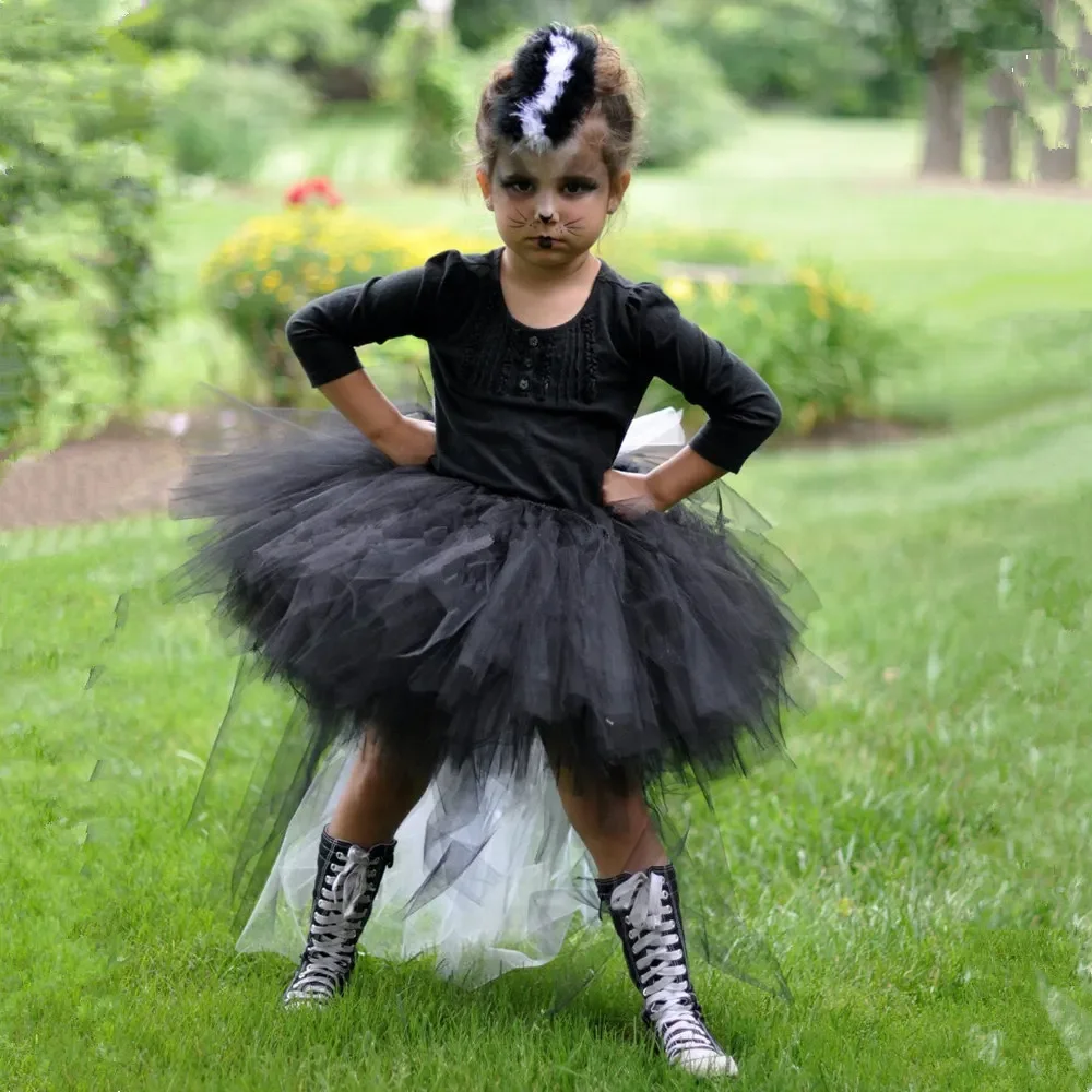 Skunk Costume Kids Black White High-low Trailing Tulle Tutu Dress Toddler Kids Birthday Party Halloween Zoo Animals Dress Up