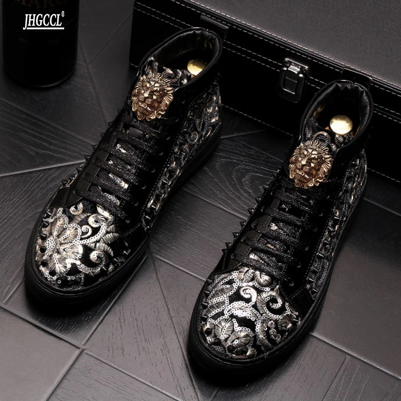 Men Fashion Casual Ankle Boots Spring Autumn Rivets Luxury Brand High Top Sneakers Male High Top Punk Style Shoes A6