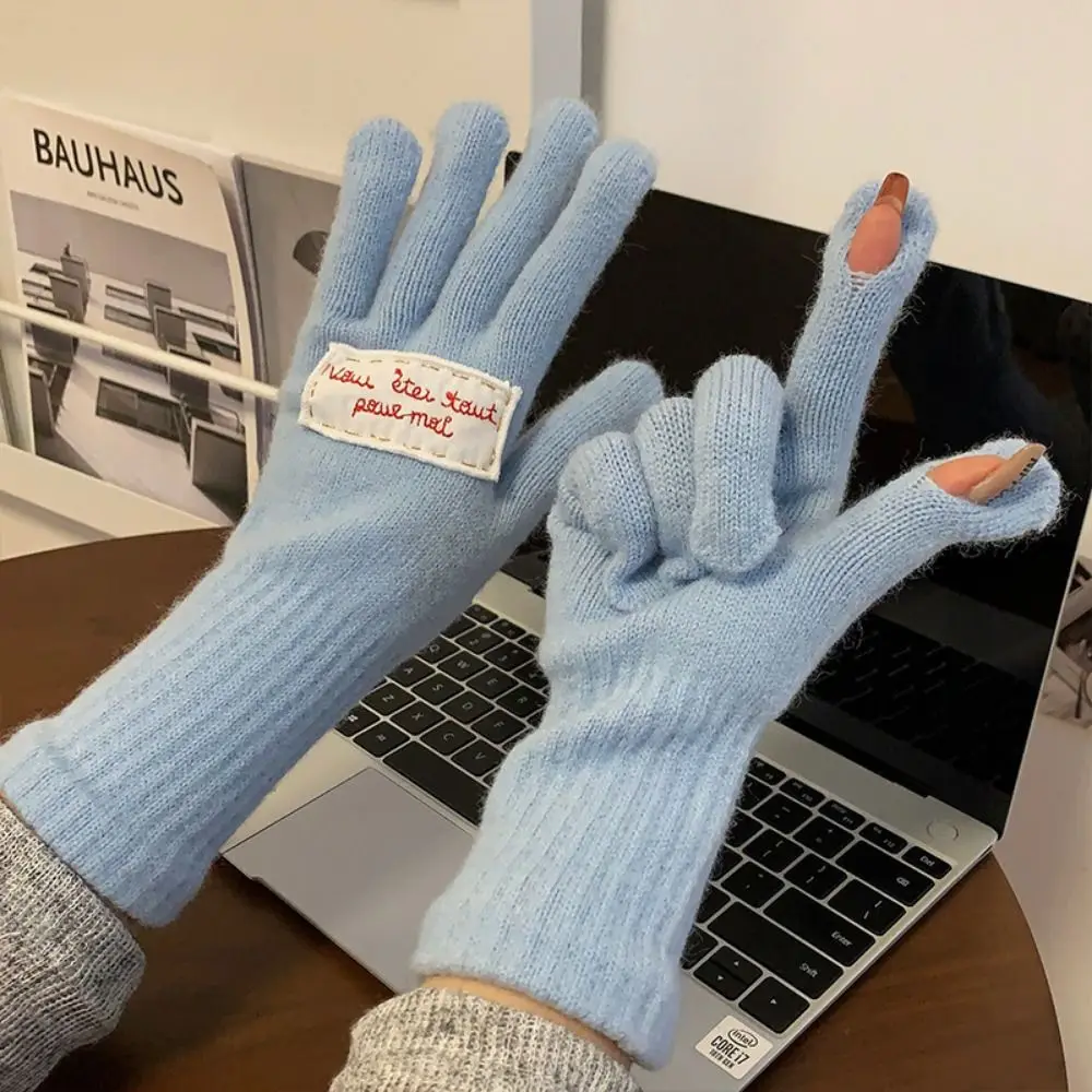 

New Keep Warm Wool Knitting Gloves Windproof Thickened Riding Gloves Solid Color Touch Screen Full Finger Mittens Girls